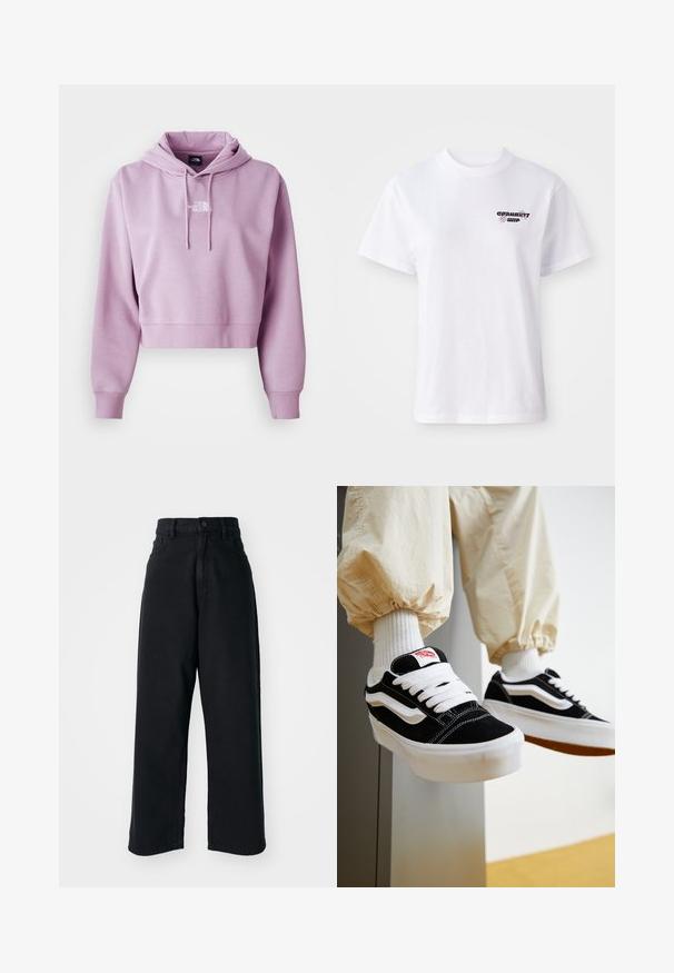 Sudadera corta en púrpura claro, hecha de tela suave. Cuenta con un bolsillo frontal y cordones ajustables, con un logotipo blanco en el pecho.; Camiseta blanca de manga corta con cuello redondo, con un pequeño logo negro y morado de Carhartt WIP en el lado izquierdo del pecho.; Jeans anchos de tiro alto en negro, con bolsillos frontales y cierre de botón, exhibidos sobre un fondo blanco liso.; Persona que lleva zapatillas Vans negras y blancas con cordones blancos, calcetines blancos y pantalones beige con puños elásticos.