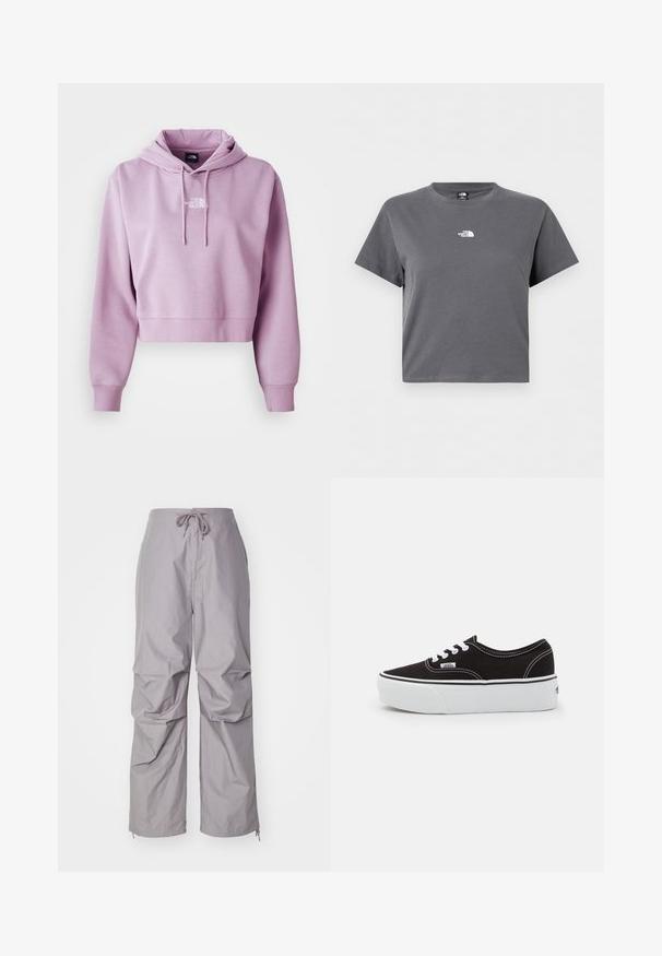 Korte hoodie in lichtpaars, gemaakt van zacht materiaal. Beschikt over een voorzak en verstelbare touwtjes, met een wit logo op de borst.; Korte mouwen, grijs cropped t-shirt met ronde hals en een klein wit The North Face-logo gecentreerd op de borst.; Grijze, loszittende broek van lichtgewicht stof, met een trekkoord taille en taps toelopende boorden met ritssluitingen. Gecoate afwerking.; Zwarte canvas sneaker met een witte rubberen platformzool, voorzien van witte veters en stiksels, iconische branding op de zijkant, low-top ontwerp.
