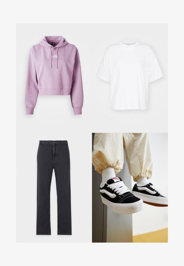 Haut cropped en violet clair, fabriqué en tissu doux. Présente une poche avant et des cordons de serrage réglables, avec un logo blanc sur la poitrine.; T-shirt en coton blanc avec un col rond, des manches courtes et une coupe décontractée. Présente un logo discret sur la zone gauche de la poitrine. Texture lisse.; Jean noir à jambes droites avec fermeture par bouton et zip à l'avant, passants de ceinture et design classique à cinq poches, posé à plat sur fond blanc.; Personne portant des baskets Vans noires et blanches avec des lacets blancs, des chaussettes blanches et un pantalon beige avec des poignets élastiques.