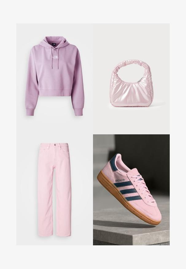 Sudadera corta en púrpura claro, hecha de tela suave. Cuenta con un bolsillo frontal y cordones ajustables, con un logotipo blanco en el pecho.; Vaqueros de mezclilla rosa claro con un diseño de pierna recta, que cuentan con cremallera y botón frontales, y estilo de cinco bolsillos. Textura suave y costuras resistentes.; Zapatilla deportiva de ante rosa claro con tres franjas azul marino, suela de goma y cordones rosa claro. Presenta la marca "SPEZIAL" en el lateral.; Bolso de mano acolchado en color rosa con un diseño redondeado, fabricado en material brillante. Presenta un asa fruncida y un cierre de cremallera para un acceso seguro.