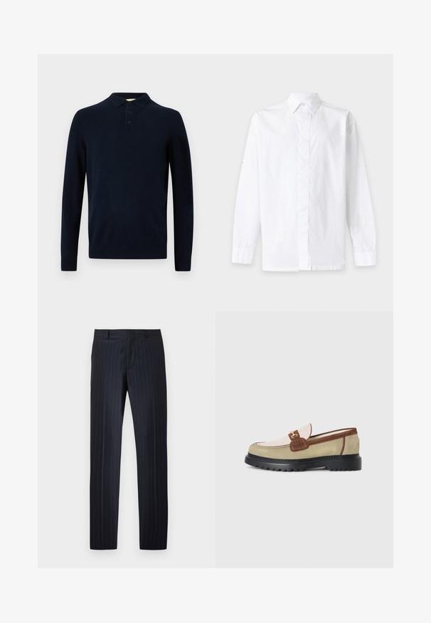 Polo à manches longues bleu marine en tissu tricoté, avec col côtelé, patte à trois boutons, et design uni sans motifs.; Chemise blanche à manches longues boutonnée avec un col classique, présentée sur un fond clair uni.; Pantalon de costume bleu marine avec fines rayures blanches, passants de ceinture et fermeture éclair à l'avant, présenté sur un fond blanc uni.; Loafer avec des panneaux en suède beige, rose clair et marron, accent en boucle en métal doré et semelle épaisse en caoutchouc noir avec un motif de crans.