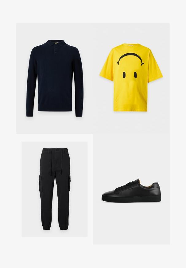 Polo à manches longues bleu marine en tissu tricoté, avec col côtelé, patte à trois boutons, et design uni sans motifs.; T-shirt jaune à manches courtes avec un motif noir de casque audio et deux formes ovales rappelant des yeux sur le devant.; Pantalon cargo noir avec taille élastique, cordon de serrage, multiples poches latérales et poignets côtelés aux chevilles. Tissu résistant, coupe décontractée.; Basket basse en cuir noir avec lacets noirs, semelle en caoutchouc texturée et petit logo embossé sur le côté, présenté de profil sur fond gris.