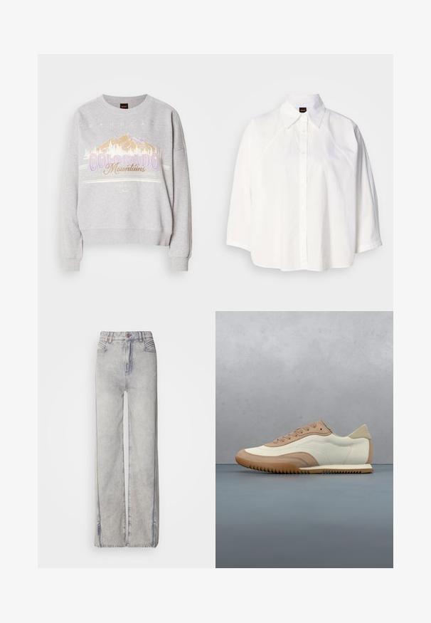 Grå sweatshirt med rund halsudskæring, lange ærmer og et grafisk print af bjerge samt teksten "Colorado Mountains." Blød tekstur.; Hvid kortærmet skjorte med klassisk krave, knaplukning foran og rundet kant. Har glat tekstur og diskret sømdetalje.; Lyseblå vid-leg jeans lavet af denim med en falmet vask, der har lynlås, fem lommer og kontraststikning.; Sneaker i creme og beige med tekstureret overdel, snørebånd og gummisål, vist oven på en træoverflade med småsten.