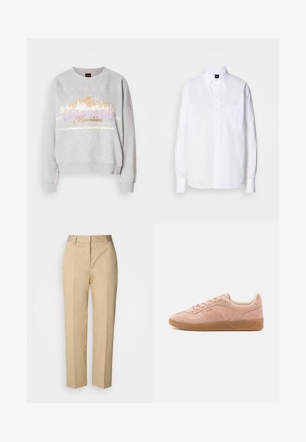 Sudadera gris con cuello redondo, mangas largas y un estampado gráfico de montañas con el texto "Montañas de Colorado". Textura suave.; Camisa blanca de botón hecha de algodón, con cuello clásico, mangas largas, un bolsillo en el pecho y una textura suave y crujiente.; Pantalones beige de pierna recta con trabillas para cinturón, pliegue frontal y cierre oculto, exhibidos sobre un fondo claro.; Zapatillas de ante rosa claro con suela de goma, punta redondeada y cierre con cordones. Presenta una marca mínima en el lateral y en el talón.