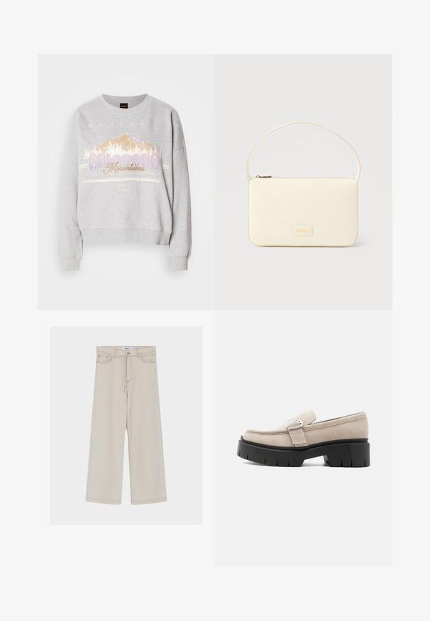 Grå sweatshirt med rund halsudskæring, lange ærmer og et grafisk print af bjerge samt teksten "Colorado Mountains." Blød tekstur.; Beige bukser med vide ben og høj talje, med snørejustering, forlommer og kontrasterende syninger.; Beige ruskindslipper med sølvspænde og tyk sort kraftig sål, set fra siden på hvid baggrund.; Kremfarvet rektangulær håndtaske med en enkelt rem og lynlås øverst, med en lille præget logo-plakette foran.