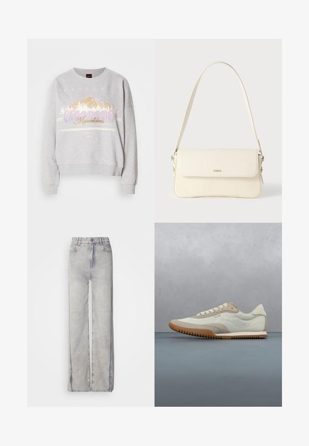 Grå sweatshirt med rund halsudskæring, lange ærmer og et grafisk print af bjerge samt teksten "Colorado Mountains." Blød tekstur.; Lyseblå vid-leg jeans lavet af denim med en falmet vask, der har lynlås, fem lommer og kontraststikning.; Hvide og beige sneakers med en glat overdel og suede detaljer, en tekstureret sål og tonet syninger. Snørelukning med logo detalje.; Cremefarvet læder skuldertaske med flaplukning, sølvfarvet beslag, en enkelt justerbar rem og diskrete logodetaljer.