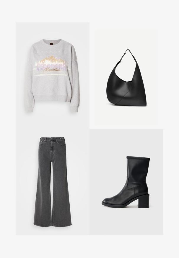 Grå sweatshirt med rund halsudskæring, lange ærmer og et grafisk print af bjerge samt teksten "Colorado Mountains." Blød tekstur.; Bredde ben jeans i falmet sort denim, med høj talje, to frontlommer og metalknaplukninger. Glat tekstur, minimal design.; Sort læder ankelstøvle med rund tå, glat tekstur og en grov hæl, der har et tætsiddende skaft og subtil syning.; Sort læder skuldertaske med buet trekantet form, enkelt justerbart rem og synlig diagonal søm foran.