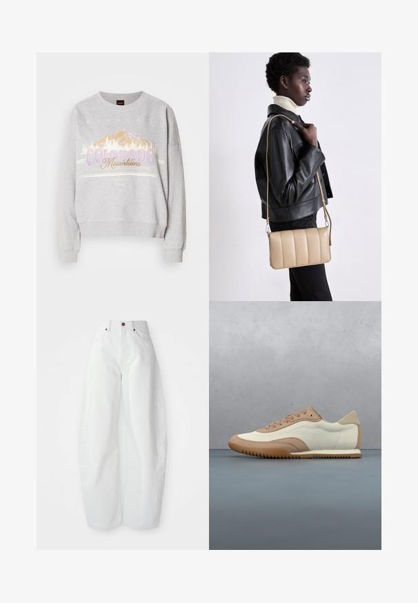 Grijze sweatshirt met een ronde halslijn, lange mouwen en een grafische print van bergen met de tekst "Colorado Mountains." Zachte textuur.; Hoge taille witte spijkerbroek met een losse pasvorm. Voorzien van een knoopsluiting, zijzakken en een minimalistisch ontwerp. Glad textuur.; Crème- en beige sneaker met een textuur bovenwerk, veters en een rubberen zool, gepresenteerd boven een houten oppervlak met kiezelstenen.; Beige leren crossbody tas met een gequilt ontwerp, rechthoekige vorm, dunne schouderband en zilverkleurige hardware, gedragen door een persoon in een zwarte jas.