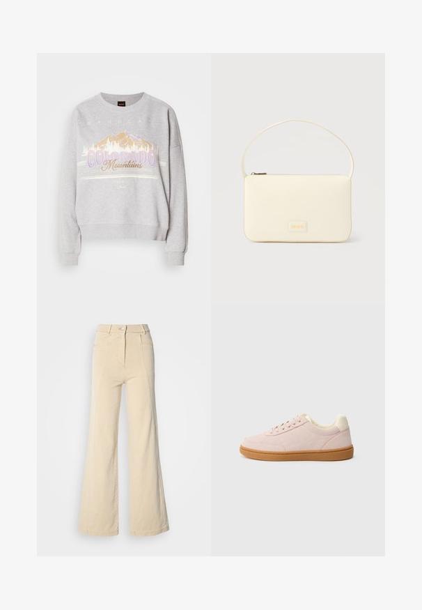 Grijze sweatshirt met een ronde halslijn, lange mouwen en een grafische print van bergen met de tekst "Colorado Mountains." Zachte textuur.; Beige wijde jeans met hoge taille, voorzakken en contrasterende stiksels, met een knoopsluiting en een zachte katoenen textuur.; Lichtroze sneakers met een gestructureerd oppervlak, witte accenten en een bruine rubberen zool. Voorzien van een laag profiel en een rond neusontwerp.; Roomkleurige rechthoekige handtas met een enkele draagband en een ritssluiting aan de bovenkant, met een klein ingegraveerd logoplacaat op de voorkant.