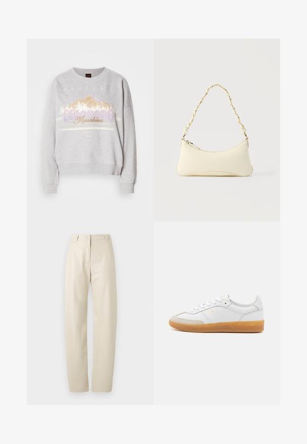 Grå sweatshirt med rund halsudskæring, lange ærmer og et grafisk print af bjerge samt teksten "Colorado Mountains." Blød tekstur.; Beige lige bukser med knap- og lynlåslukning, bæltestropper og sidelommer på en ensfarvet hvid baggrund.; Hvide lædersneakers med beige ruskindsdetaljer, gummisål og snøredesign. Har diskret branding i guld.; Lille cremefarvet taske med en kurvet form og fletet guldfarvet kæde som håndtag, lynlås lukning på toppen