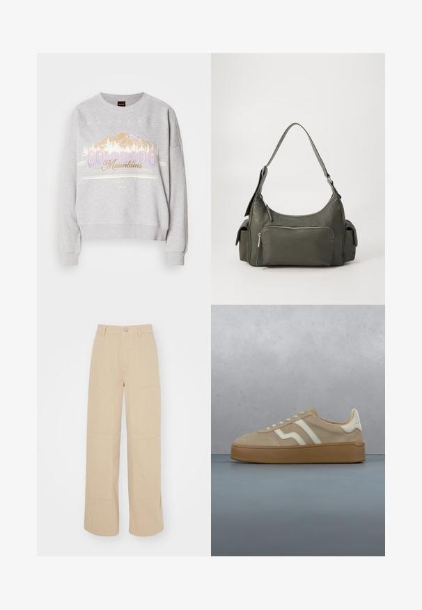 Sudadera gris con cuello redondo, mangas largas y un estampado gráfico de montañas con el texto "Montañas de Colorado". Textura suave.; Pantalones de pierna ancha beige hechos de algodón. Presentan dos grandes bolsillos delanteros y un cierre de botón metálico en la cintura. Textura suave.; Zapatilla de ante beige con detalles en cuero blanco, diseño con cordones y suela de goma texturizada. Exhibida sobre una superficie de madera.; Bolso de hombro de cuero verde con un diseño curvado, bolsillo con cremallera en la parte frontal y bolsillos adicionales en los laterales. Textura suave y hardware minimalista.