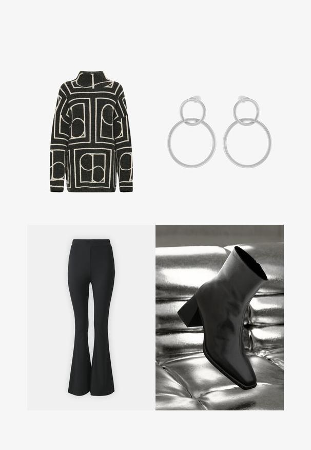 Pull en maille gris foncé avec une coupe oversize, présentant un motif géométrique crème de cercles et de rectangles. Conception à col montant.; Pantalons noirs évasés en tissu extensible. Présentent une taille haute et un design lisse et ajusté qui s'évase à partir du genou.; Botte noire à la cheville en matériau brillant avec un bout carré et un talon effilé, sur un fond argenté brillant et capitonné.; Boucles d'oreilles en métal argenté présentant deux cercles entrelacés, un plus grand et un plus petit, avec une finition brossée et des fermoirs à poussoir.