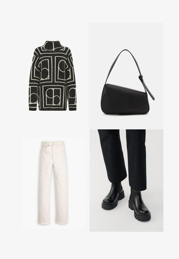 Suéter de punto en gris oscuro con un corte oversize, que presenta un patrón geométrico en crema de círculos y rectángulos. Diseño de cuello alto.; Jeans de mezclilla blanca con un diseño de pierna recta, estilo de cinco bolsillos y detalles de hardware en color cobre. Acabado sin dobladillo en los tobillos.; Persona que lleva botas de tacón grueso de cuero negro combinadas con pantalones negros de pierna recta sobre un fondo blanco.; Bolso de mano de cuero negro con forma triangular, tapa en ángulo y un asa superior redondeada. Presenta una textura suave y detalles de diseño minimalistas.
