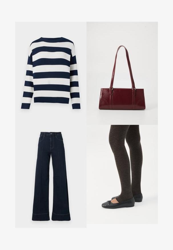 Gestreepte trui met marineblauwe en witte horizontale strepen, ronde hals, lange mouwen en een losse pasvorm. Zachte gebreide textuur.; Donkerblauwe, wijde jeans met een hoge taille, voorzien van voorzakken en zichtbare stiksels. Gemaakt van denimstof met een gladde textuur.; Benen met donkere geribbelde leggings gecombineerd met zwarte ballerina's met kleine strikdetails op een witte achtergrond.; Bourgondische handtas van glanzend materiaal, rechthoekige vorm, met twee schouderbanden en subtiele gebogen accenten aan de voorkant.