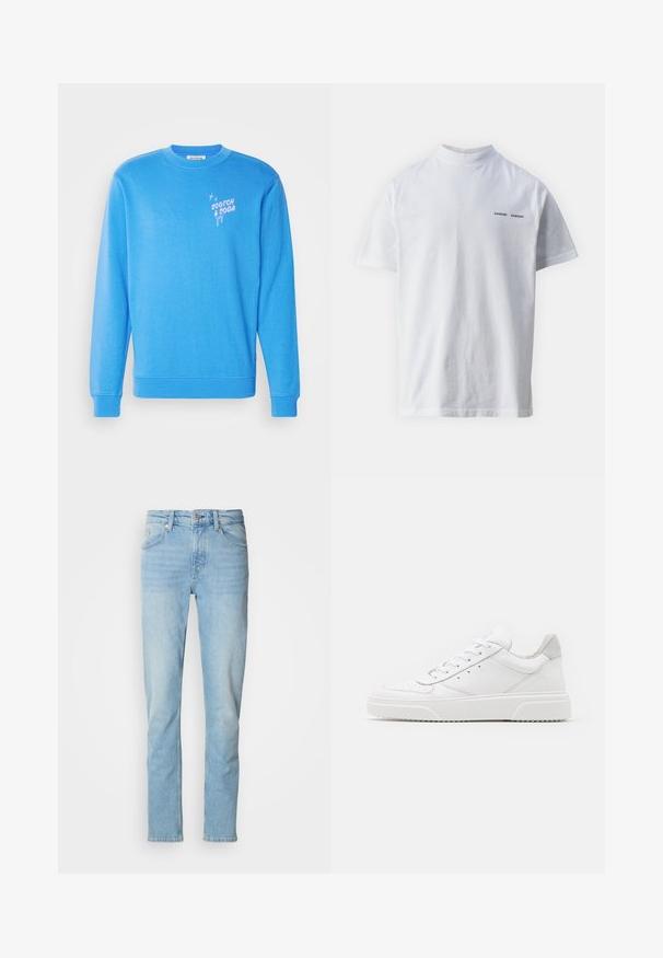 Blaues Sweatshirt aus weichem Material, mit langen Ärmeln, Rundhalsausschnitt und dem Logo "Scotch & Soda" in Rosa auf der Vorderseite.; Weißes Baumwoll-T-Shirt mit hohem Ausschnitt und kurzen Ärmeln. Mit schwarzem "SAMSØE SAMSØE" Logo auf der Vorderseite. Glatte Textur.; Hellblaue Jeans aus Denim, mit geradem Schnitt, fünf Taschen, Gürtelschlaufen und einem Knopfverschluss.; Weiße Leder-Sneaker mit glatter Oberfläche, rundem Zehenbereich, flachen Schnürsenkeln und strukturiertem Schuhsohlen. Graues Wildleder-Detail an der Ferse.