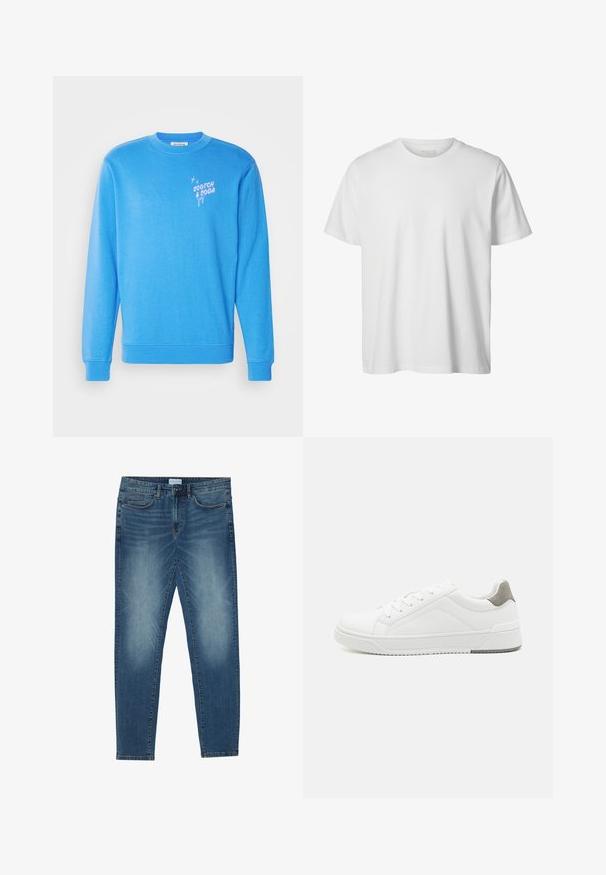 Blaues Sweatshirt aus weichem Material, mit langen Ärmeln, Rundhalsausschnitt und dem Logo "Scotch & Soda" in Rosa auf der Vorderseite.; Schlichtes weißes T-Shirt mit kurzen Ärmeln und Rundhalsausschnitt, lässiger Passform und ohne sichtbare Logos oder Designs auf der Vorderseite.; Jeans aus Denim in mittlerem Blau mit einer verblassten Waschung, Fünf-Taschen-Design, geradem Bein und gestickten Akzenten. Mit Knopf- und Reißverschluss.; Weißer Sneaker aus glattem Leder, runde Zehenpartie, minimalistisches Design, graue Fersenkante und strukturierte Gummisohle.
