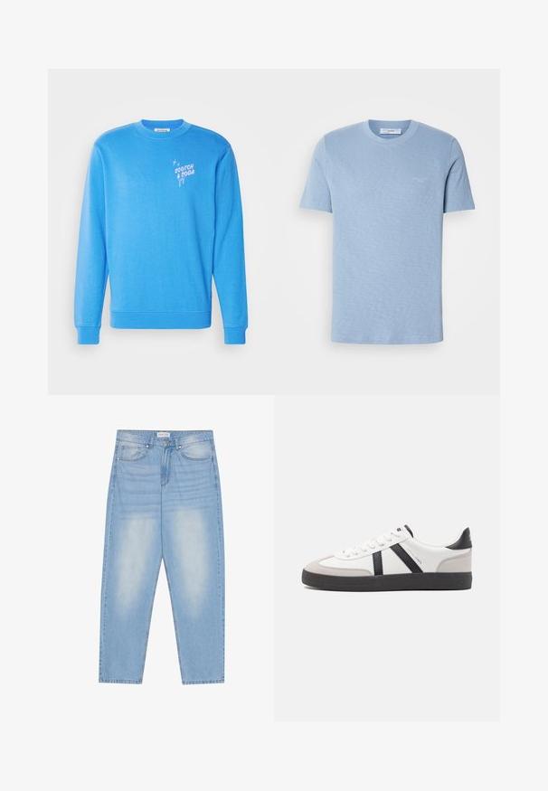 Blauwe sweatshirt gemaakt van zachte stof, met lange mouwen, een ronde hals en het "Scotch & Soda" logo in het roze op de voorkant.; Lichtblauwe katoenen t-shirt, korte mouwen, ronde hals, subtiele logo op de voorkant, gladde textuur, normale pasvorm.; Lichtblauwe denim jeans met een relaxte pasvorm, uitgerust met vijf zakken, subtiele vervaging en stiksels langs de naden.; Witte sneaker met zwarte en grijze accenten, voorzien van een grijze neus met textuur, zwarte rubberen zool en platte witte veters. Schoon ontwerp, minimalistische stijl.