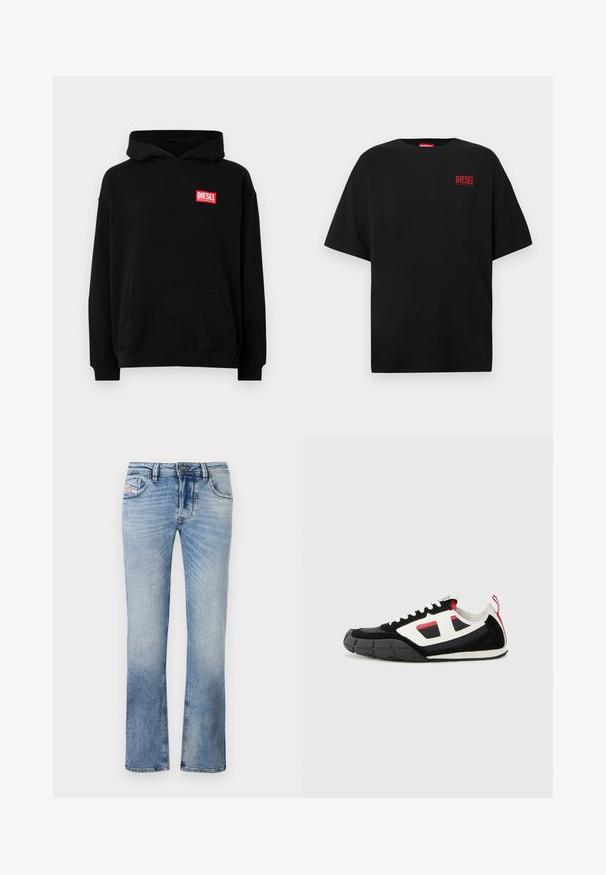 Sudadera negra con capucha y bolsillo frontal, con un logo rectangular rojo de "DIESEL". Hecha de una tela suave con puños acanalados.; Camiseta negra de algodón, con mangas cortas, cuello redondo y un logo rojo de "DIESEL" en la zona izquierda del pecho.; Vaqueros de mezclilla de color azul claro con un diseño de pierna recta, que cuentan con bolsillos delanteros, cierre de cremallera y un ligero desgastado en toda la tela.; Diesel S PAGODHA LOW - Zapatillas - black
