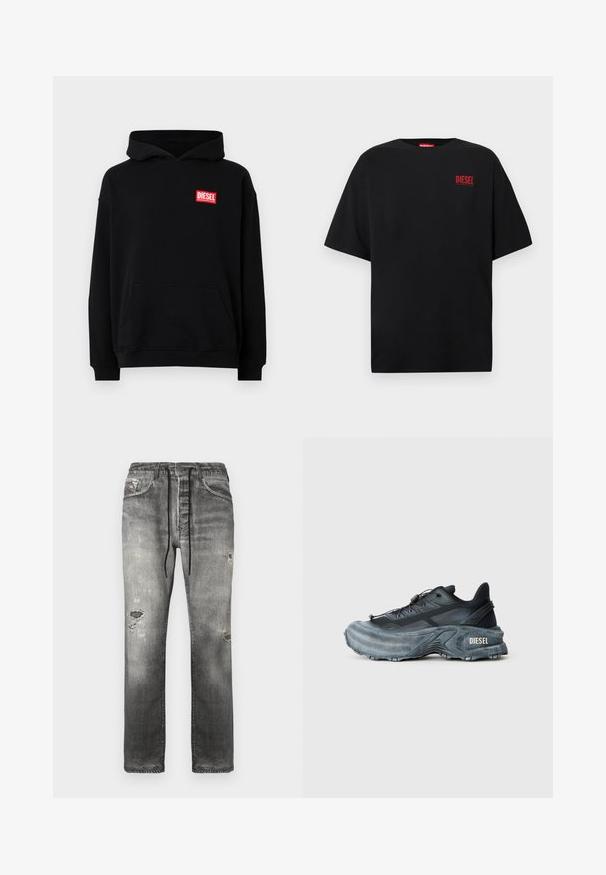 Sudadera negra con capucha y bolsillo frontal, con un logo rectangular rojo de "DIESEL". Hecha de una tela suave con puños acanalados.; Camiseta negra de algodón, con mangas cortas, cuello redondo y un logo rojo de "DIESEL" en la zona izquierda del pecho.; Jeans de mezclilla gris con un corte holgado, que presentan zonas desgastadas, detalles deteriorados y una cintura con cordón para un ajuste cómodo y ajustable.; Zapatilla Diesel en negro y gris con suela gruesa, cierre de cordón y diseño texturizado sobre un fondo liso de color gris claro.