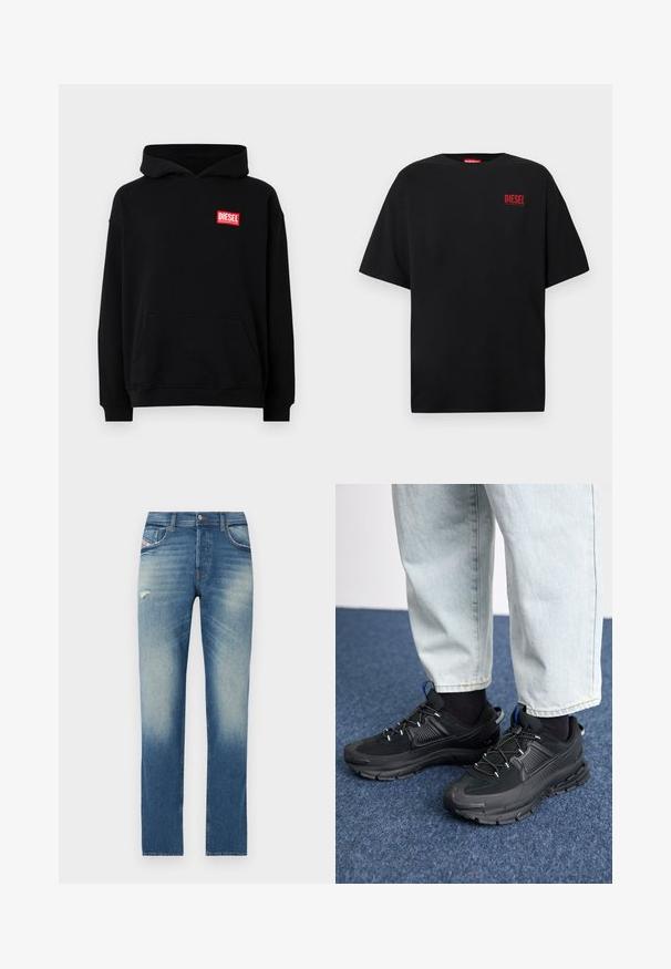 Zwart hoodie met een voorzak, met een rood rechthoekig "DIESEL" logo. Gemaakt van zachte stof met geribbelde mouwen.; Zwart T-shirt van katoen met korte mouwen, een ronde hals en een rood "DIESEL"-logo op de linkerborst.; Blauwe spijkerbroeken van denim met een recht gesneden ontwerp, voorzien van lichte vervaging, een klein beschadigd detail aan de voorkant en standaard vijf-pocket styling.; Zwarte sportschoenen met gestructureerde stof en rubberen zolen, met elastische veters en een blauwe accent op de hiel. Draag samen met lichte spijkerbroeken.