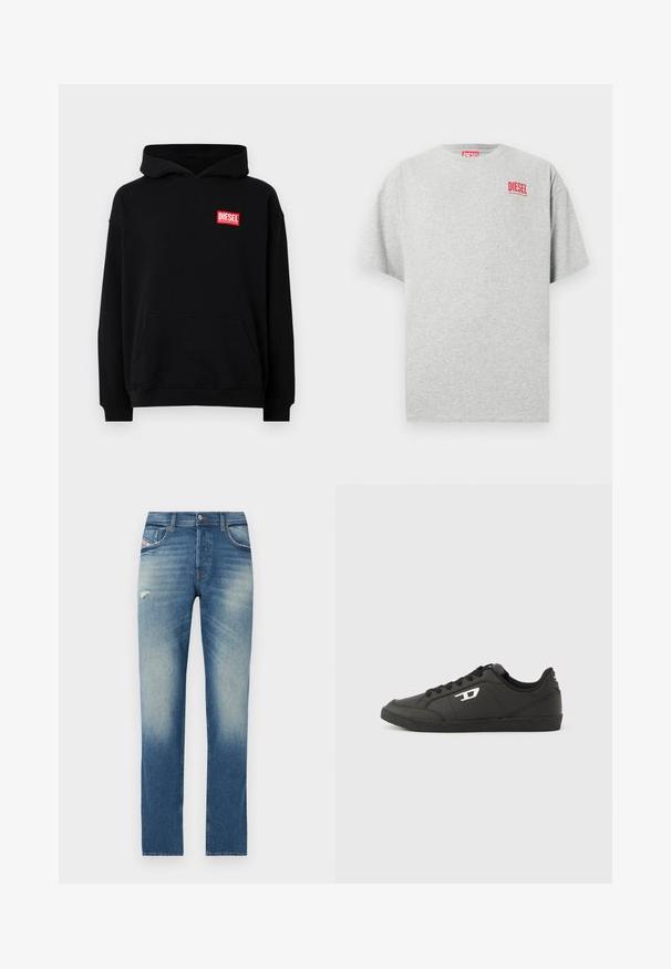 Sweatshirt noir à capuche avec une poche frontale, présentant un logo rectangulaire rouge "DIESEL". Fabriqué en tissu doux avec des poignets côtelés.; T-shirt en coton gris avec un col rond et des manches courtes. Présente un petit logo rouge « DIESEL » sur la poitrine. Texture lisse.; Jeans en denim bleu avec un design à jambe droite, présentant un léger délavage, un petit détail usé à l'avant et un style classique à cinq poches.; Baskets synthétiques noires avec une semelle noire texturée, un bout rond et des lacets plats noirs. Logo blanc remarquablement placé sur le côté extérieur.