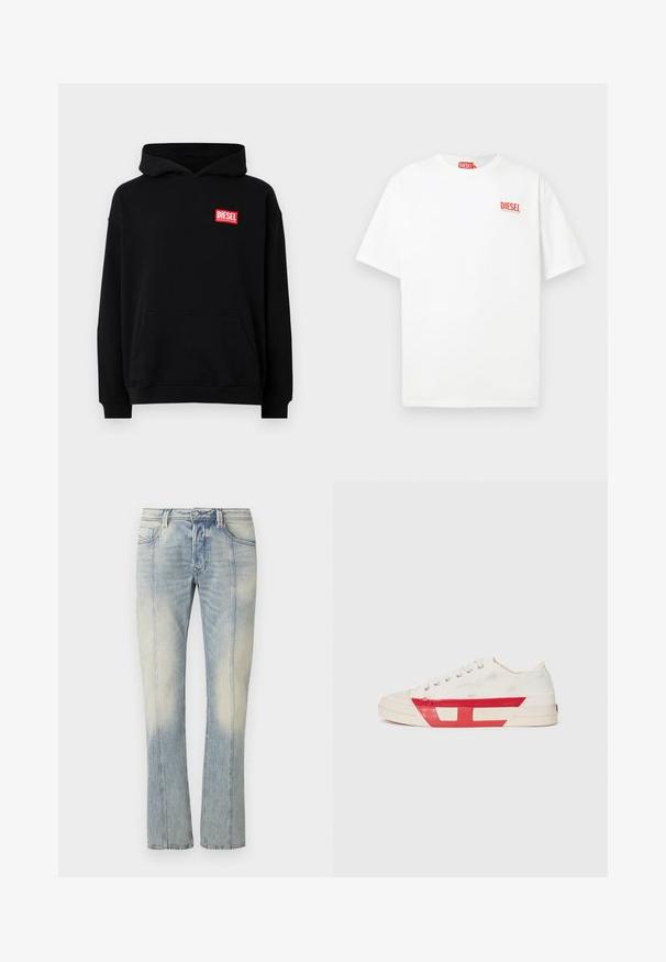 Zwart hoodie met een voorzak, met een rood rechthoekig "DIESEL" logo. Gemaakt van zachte stof met geribbelde mouwen.; Witte katoenen T-shirt met korte mouwen en een rood "DIESEL" logo op de linkerborst, met een losse pasvorm en eenvoudig ontwerp.; Lichtblauwe denim jeans met een rechte pijp, voorzien van dubbele stiksels, voorzakken en een verweerde afwerking. Geen zichtbare merkaanduiding.; Canvas sneaker met een witte bovenkant, rode rubberen accenten en een gestructureerd ontwerp. Heeft een ronde neus en vijf oogjes voor de veters.