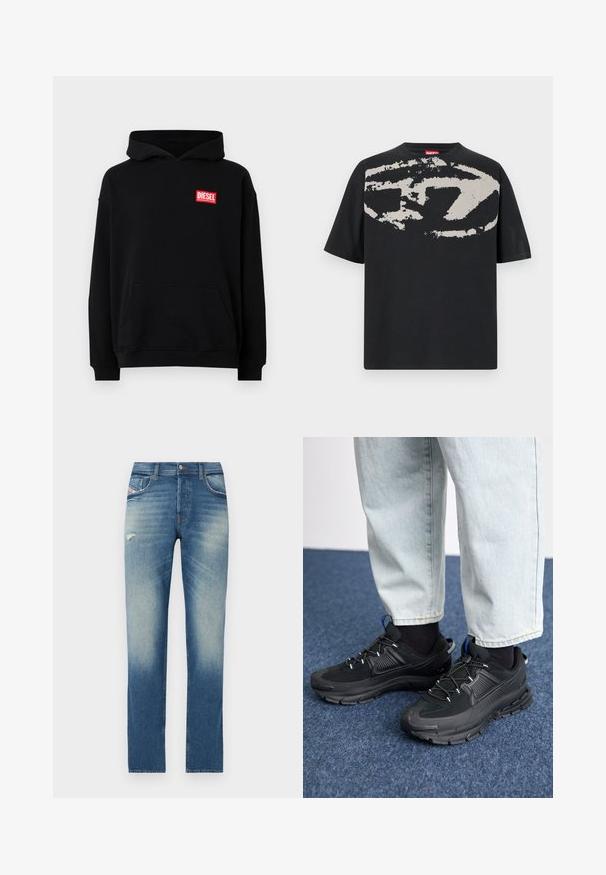 Sort hættetrøje med en frontlomme, der har et rødt rektangulært "DIESEL" logo. Fremstillet af blødt stof med ribbede manchetter.; Sort t-shirt med et stort, abstrakt lys grå grafik foran. Korte ærmer og en klassisk rund halsudskæring. Materialet er bomuld.; Blå denim jeans med lige ben design, featuring lys udvaskning, en lille slidtegn foran, og standard fem-lomme styling.; Sorte træningssko med tekstureret stof og gummisåler, udstyret med elastiske snørebånd og en blå detalje på hælen. Bæres med lyse denimbukser.