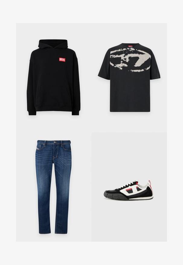 Sudadera negra con capucha y bolsillo frontal, con un logo rectangular rojo de "DIESEL". Hecha de una tela suave con puños acanalados.; Camiseta negra con un gran gráfico abstracto en gris claro en la parte frontal. Mangas cortas y un cuello redondeado clásico. Material de algodón.; Vaqueros de mezclilla de color azul oscuro con corte recto, cuentan con un diseño de cinco bolsillos, costuras visibles y un cierre de botón de metal en la cintura.; Diesel S PAGODHA LOW - Zapatillas - black