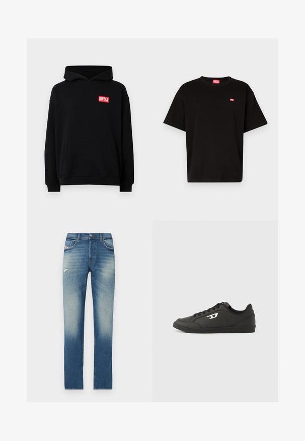 Sort hættetrøje med en frontlomme, der har et rødt rektangulært "DIESEL" logo. Fremstillet af blødt stof med ribbede manchetter.; Sort bomulds T-shirt med rund halsudskæring, korte ærmer og et lille rødt Diesel-logo på brystet. Lige nederste kant, minimalistisk design.; Blå denim jeans med lige ben design, featuring lys udvaskning, en lille slidtegn foran, og standard fem-lomme styling.; Sorte syntetiske sneakers med en struktureret sort sål, rund tå og flade sorte snørebånd. Fremtrædende hvidt logo på ydersiden.