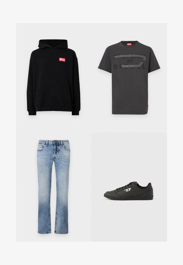 Sudadera negra con capucha y bolsillo frontal, con un logo rectangular rojo de "DIESEL". Hecha de una tela suave con puños acanalados.; Camiseta de algodón gris con texto negro en negrita que dice "PROPIEDAD DE D.I.E.S.E.L.", textura suave y mangas cortas.; Vaqueros de mezclilla de color azul claro con un diseño de pierna recta, que cuentan con bolsillos delanteros, cierre de cremallera y un ligero desgastado en toda la tela.; Zapatillas deportivas negras sintéticas con suela negra texturizada, puntera redonda y cordones planos negros. Destaca un logo blanco en el lateral exterior.