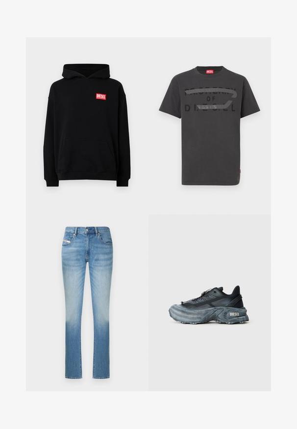 Sudadera negra con capucha y bolsillo frontal, con un logo rectangular rojo de "DIESEL". Hecha de una tela suave con puños acanalados.; Camiseta de algodón gris con texto negro en negrita que dice "PROPIEDAD DE D.I.E.S.E.L.", textura suave y mangas cortas.; Vaqueros de mezclilla azul claro con un diseño ajustado, con una pierna recta y un sutil efecto de desgaste hacia la parte inferior. Estilo clásico de cinco bolsillos.; Zapatilla Diesel en negro y gris con suela gruesa, cierre de cordón y diseño texturizado sobre un fondo liso de color gris claro.