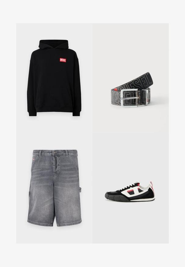 Zwart hoodie met een voorzak, met een rood rechthoekig "DIESEL" logo. Gemaakt van zachte stof met geribbelde mouwen.; Grijze denim shorts met een rechte pasvorm, vijf zakken en gestikte details. Voorzien van een knoopsluiting en een zijlus voor aanpassing.; Diesel S PAGODHA LOW - Sneakers laag - black; Zwarte Diesel-riem met grote witte logotekst, rechthoekige zilveren gesp en merkmetal lusdetail, opgerold op een lichte achtergrond.