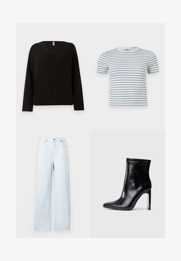 Pull noir en V en tricot doux et texturé. Doté de manches longues avec des bords côtelés et une couture centrale subtilement brodée. Coupe décontractée.; T-shirt blanc à manches courtes en maille côtelée avec fines rayures horizontales bleues et un col rond.; Jeans taille haute à lavage clair avec jambes larges, bouton sur le devant et poches, présentés à plat sur un fond blanc.; Bottine en cuir noir avec un bout pointu et un talon transparent haut. Texture lisse et finition minimaliste sur le dessus.