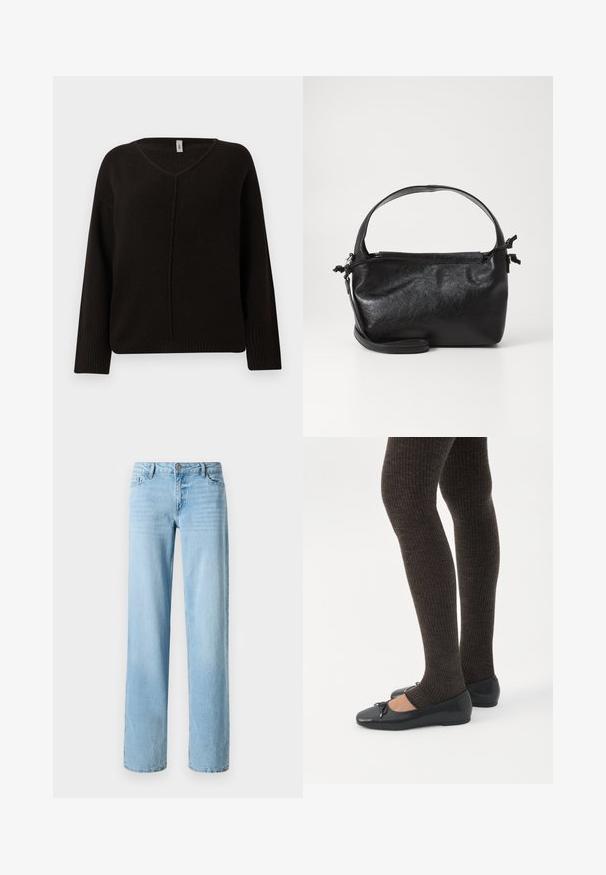 Sort v-hals sweater i et blødt, tekstureret strik. Har lange ærmer med ribbede manchetter og en subtilt syet midtersøm. Løs pasform.; Lysblå denimjeans, lige ben-design, med fem lommer og en frontlukning med knap. Glat tekstur med subtil falming.; Ben iført mørke ribbede leggings kombineret med sorte balletsko med små sløjfedetaljer på hvid baggrund.; Sort læderhåndtaske med et struktureret design, rund tophåndtag og aftagelig skulderrem. Den har en glat tekstur og en subtil glans.