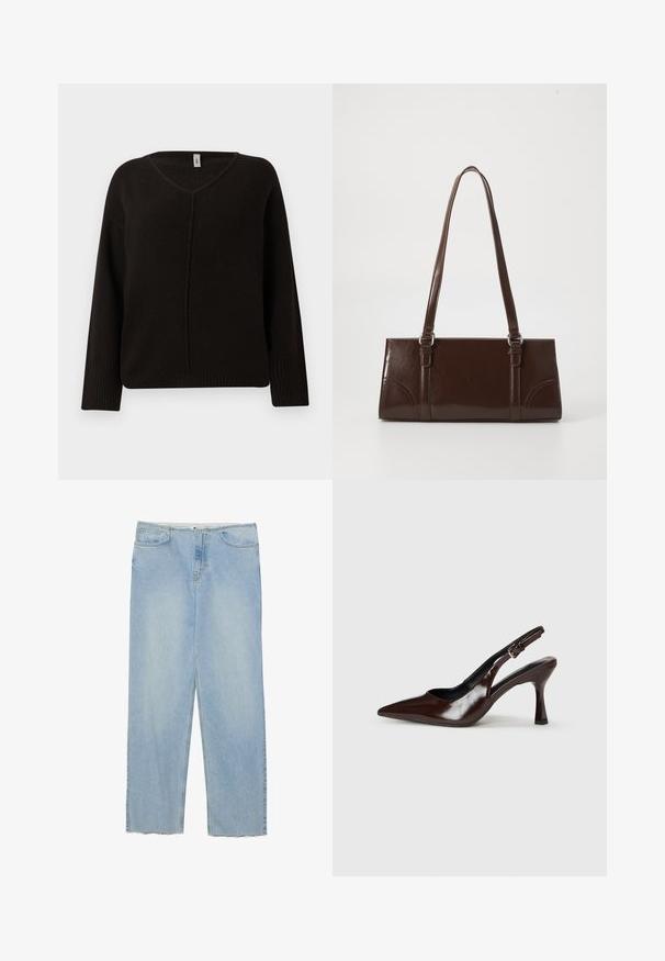 Pull noir en V en tricot doux et texturé. Doté de manches longues avec des bords côtelés et une couture centrale subtilement brodée. Coupe décontractée.; Jean en denim bleu clair avec une coupe droite, doté d'une taille haute, de cinq poches et de détails d'ourlet effiloché.; Talons slingback en cuir verni brun avec un bout pointu, un talon fin, et une sangle réglable avec une petite boucle.; Sac à main en cuir verni marron de forme rectangulaire, avec deux longues poignées et des accents courbés subtils à l'avant.