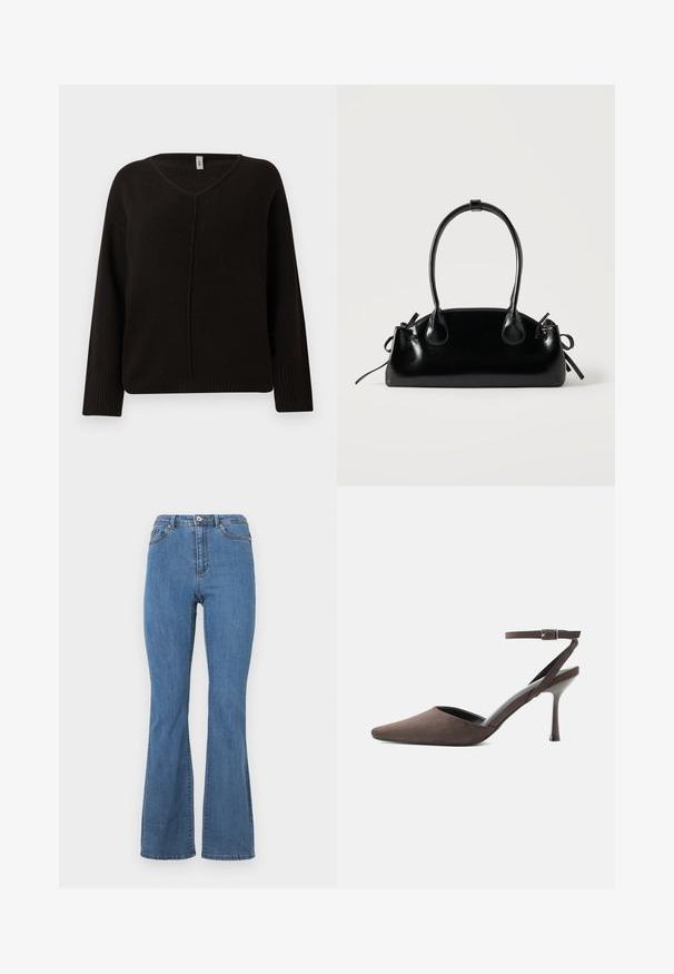 Pull noir en V en tricot doux et texturé. Doté de manches longues avec des bords côtelés et une couture centrale subtilement brodée. Coupe décontractée.; Jean bleu évasé en denim, doté d'une taille haute, de coutures contrastées et d'une fermeture à bouton unique à l'avant.; Chaussure à talon haut en daim marron à bout pointu, avec une fine bride de cheville et une boucle argentée sur fond blanc.; Petit sac à main noir brillant avec deux longues anses et des détails à cordon sur les côtés sur un fond clair uni.