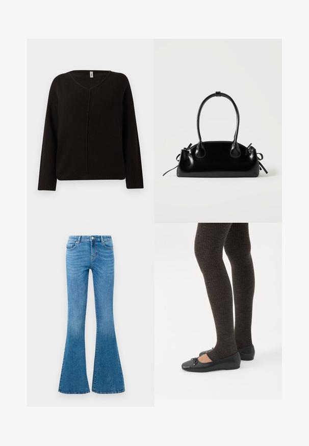 Sort v-hals sweater i et blødt, tekstureret strik. Har lange ærmer med ribbede manchetter og en subtilt syet midtersøm. Løs pasform.; Blå denim flared jeans med mellemhøj talje, der har fem lommer, en standard knaplukning og let falmning for struktur.; Ben iført mørke ribbede leggings kombineret med sorte balletsko med små sløjfedetaljer på hvid baggrund.; Lille sort blank håndtaske med to lange håndtag og snøre-detaljer i siden på en ensfarvet lys baggrund.