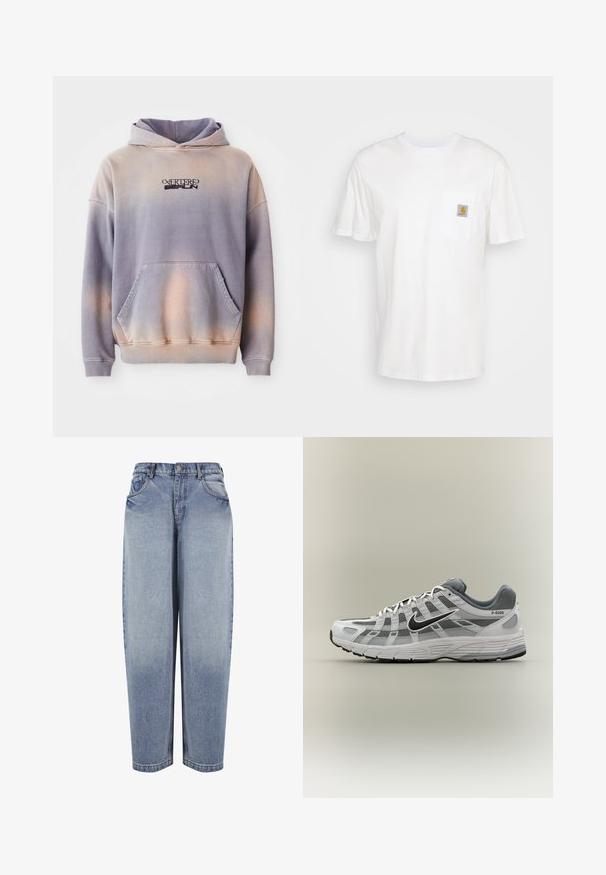 Kapuzensweatshirt in lila und pfirsichfarbenem Verlauf, aus weichem Stoff. Verfügt über eine Vordertasche und schwarze Logodetails auf der Brust.; Weißes Baumwoll-T-Shirt mit kurzen Ärmeln, einer Brusttasche und einem kleinen quadratischen Logopatch in Orange und Weiß auf der Tasche.; High-waisted, locker sitzende blaue Jeans mit Vordertaschen, Gürtelschlaufen, Knopfverschluss und ausgebleichten Details entlang der Beine.; Weißer und grauer Nike P-6000 Sneaker mit schwarzem Swoosh, Netzpaneelen und strukturierter Sohle, seitlich auf neutralem Hintergrund dargestellt.