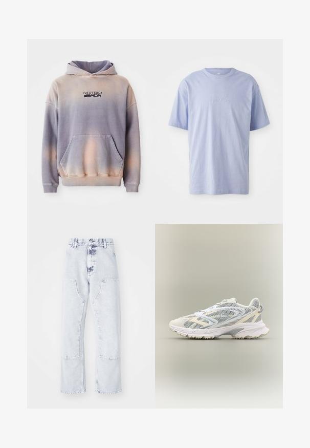 Kapuzensweatshirt in lila und pfirsichfarbenem Verlauf, aus weichem Stoff. Verfügt über eine Vordertasche und schwarze Logodetails auf der Brust.; Hellblaues Baumwoll-T-Shirt mit Rundhalsausschnitt und kurzen Ärmeln. Mit einem geprägten "Nike"-Logo auf der Vorderseite in der Mitte. Weicher Stoff.; Hellblaue Denim-Jeans im Straight-Leg-Schnitt mit aufgesetzten Taschen, hoher Taille und einem verwaschenen Finish. Mit tonalem Nähen und einem lässigen Schnitt.; Weißer Sportschuh mit grauen Netzpaneelen, strukturierten Überzügen, einem gepolsterten Kragen und einer Gummisohle mit kleinen Traktionsspikes.