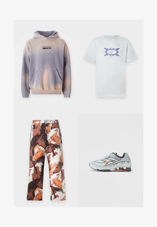 Hætte sweatshirt i lilla og fersken gradient, lavet af blødt stof. Har en frontlomme og logo detaljering i sort på brystet.; Hvid bomuldst-shirt med en løs pasform, med et lilla grafisk motiv i midten, omgivet af en bølget kontur. Korte ærmer.; Bukser med et gentaget mønster af hestehoveder i nuancer af brun, hvid og orange, lavet af et glat stof med en lige benpasform.; Lyst grå løbesko med sorte detaljer, orange logo, mesh-overdel, polstret krave og gummisål med synlige stødabsorberende enheder.