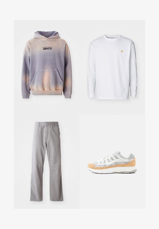 Kapuzensweatshirt in lila und pfirsichfarbenem Verlauf, aus weichem Stoff. Verfügt über eine Vordertasche und schwarze Logodetails auf der Brust.; Weißes Langarm-T-Shirt aus Baumwolle. Mit kleinem goldenem Logo auf der Brust und Rundhalsausschnitt. Einfaches Design und normale Passform.; Graue Baumwollhosen mit geradem Bein, ausgestattet mit einem vorderen Knopfverschluss und Gürtelschlaufen. Glatte Textur und minimale Details.; Weiße und graue Sneaker mit hellorangen Akzenten, aus Mesh- und Leder-Materialien, mit einer strukturierten Sohle und geometrischem Muster an den Seiten.