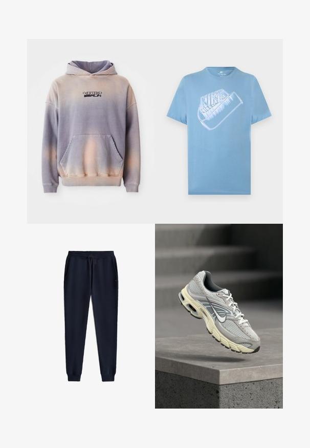 Kapuutsiga pluus lilla ja virsiku graadiga, valmistatud pehmest kangast. Omab esist pocketit ja musta logo detaili rinnal.; Helehall sinise lühikeste varrukatega Nike T-särk, millel on suure hõbedase Nike logo ja laubal stiilne valge Swooshi graafika.; Tumesinised dressipüksid elastse vöökohaga, nööriga, küljetaskutega ja soonikkoes mansettidega.; Hall ja valge Nike jooksujalats, millel on polsterdatud tald, hõljumas betoonastme kohal väljas.