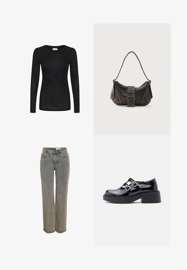 T-shirt noir à manches longues en matériau léger et transparent. Doté d'un décolleté rond et d'une silhouette cintrée avec un ourlet droit.; Jean en denim gris délavé à jambes droites, avec poches avant, passants pour ceinture et fermeture à bouton et glissière à la taille.; Chaussures à plateforme en cuir verni noir avec talon large, design découpé, et deux boucles argentées sur le dessus du pied. Semelle en caoutchouc plate.; Sac à épaule en cuir noir avec une sangle à boucle, des bords arrondis et des coutures blanches contrastées sur un fond uni.