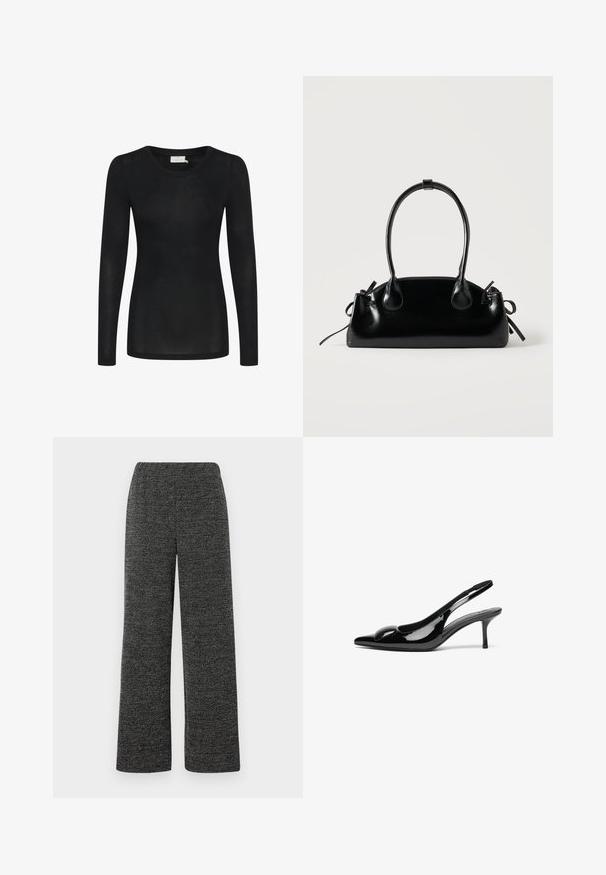 T-shirt noir à manches longues en matériau léger et transparent. Doté d'un décolleté rond et d'une silhouette cintrée avec un ourlet droit.; Pantalons à jambes larges en tissu texturé noir et gris, dotés d'une taille élastique pour plus de confort. Pas de poches ni de fermetures visibles.; Escarpins slingback en cuir verni noir avec un bout pointu et une finition brillante. Présente un talon fin et un accent arrondi au dessus du pied.; Petit sac à main noir brillant avec deux longues anses et des détails à cordon sur les côtés sur un fond clair uni.