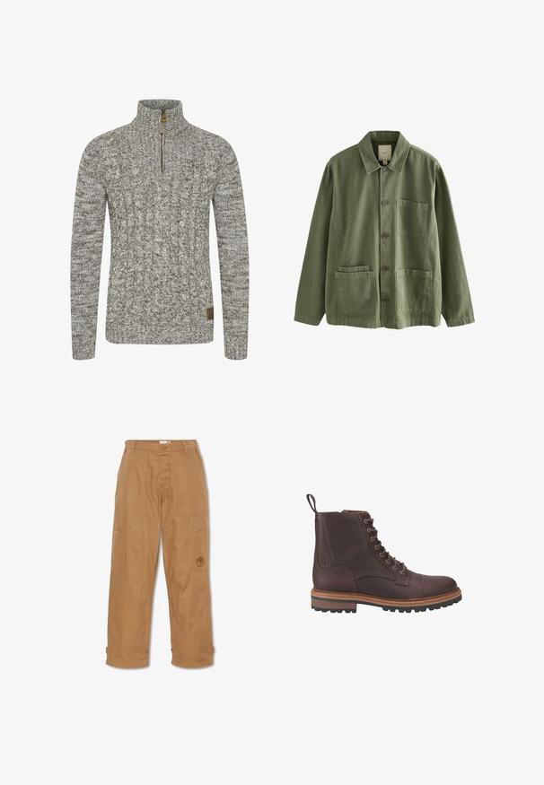 Sudadera de punto trenzado en un tono gris-verde apagado, con un cuello de medio cremallera y un patrón de tejido texturizado. Parche de logo marrón en el dobladillo.; Chaqueta color verde oliva de botones con cuello, mangas largas, un bolsillo en el pecho y dos bolsillos delanteros inferiores tipo parche.; Pantalones de trabajo color caqui, hechos de una tela resistente, cuentan con múltiples bolsillos, un cierre de botón y un logo bordado en el muslo.; Botas de piel marrón con cordones hasta el tobillo, acabado texturizado, suelas beige contrastantes y ojales metálicos. Incluyen una lengüeta para facilitar su puesta.