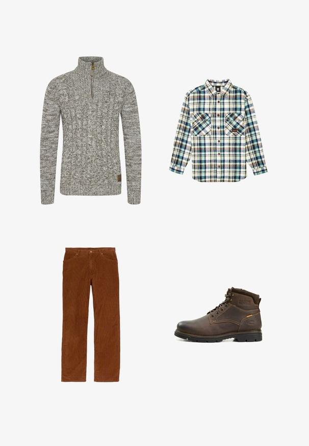 Sweatshirt en maille torsadée d'une couleur gris-vert atténué, avec un col à zip moitié et un motif de tissu texturé. Patch logo marron au bas.; Element HUECO CLASSIC - Chemise - brown; Pantalon en velours côtelé marron à jambes droites, doté d'un design classique à cinq poches et de fines stries verticales dans la texture du tissu.; Bottes de randonnée en cuir marron avec semelles en caoutchouc foncé, dotées d'œillets en métal, de couture contrastante et d'un col rembourré pour plus de confort.
