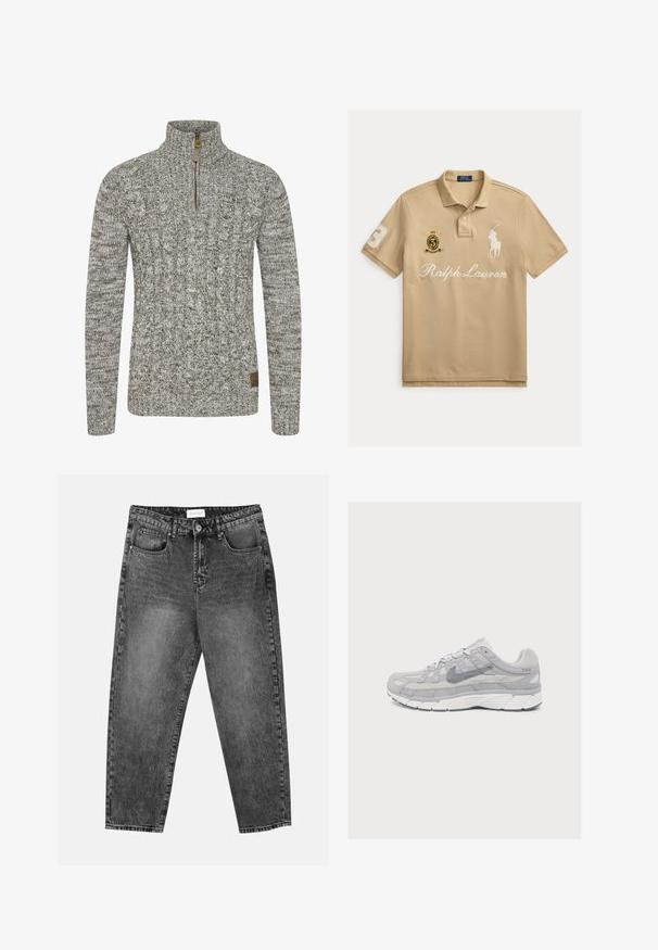 Sudadera de punto trenzado en un tono gris-verde apagado, con un cuello de medio cremallera y un patrón de tejido texturizado. Parche de logo marrón en el dobladillo.; Polo beige con cuello, tapeta de botones, logo bordado del jinete de polo, texto "Ralph Lauren", parche con el número 3 y emblema de escudo.; Jeans de pernera recta en lavado negro con bolsillos delanteros y traseros, trabillas para cinturón y cierre de botón en la cintura.; Zapatilla de correr Nike gris claro con paneles de malla y ante, suela blanca gruesa y logotipo Swoosh lateral, mostrada de perfil sobre un fondo liso.