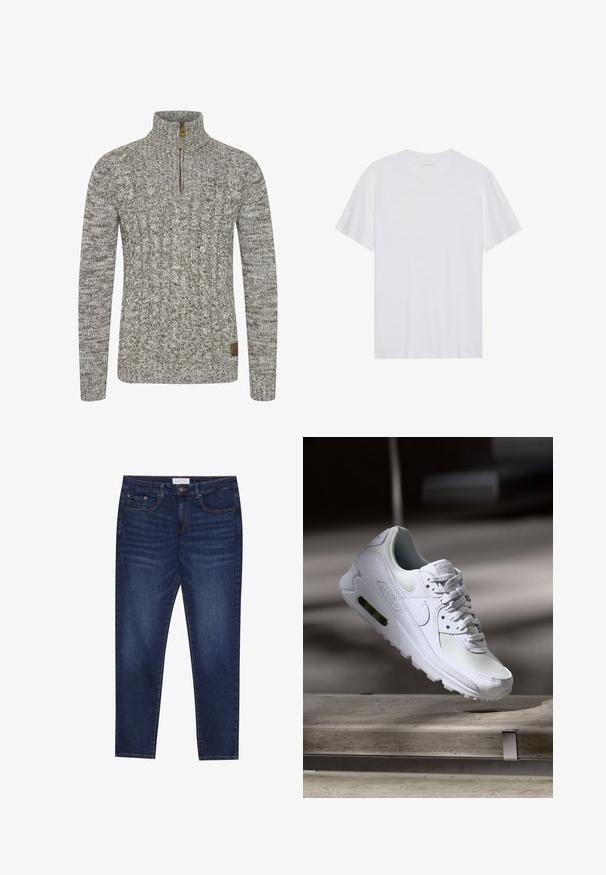 Sweatshirt en maille torsadée d'une couleur gris-vert atténué, avec un col à zip moitié et un motif de tissu texturé. Patch logo marron au bas.; T-shirt en coton blanc à manches courtes, col rond et texture lisse. Présente un branding minimal au niveau du col.; Jean slim-fit bleu foncé avec cinq poches, fermeture à bouton et couture contrastante, étiqueté Pier One à la taille.; Sneaker Nike Air Max 90 blanche avec une tige en mesh et cuir, une boîte à orteils perforée et une unité air visible au talon.
