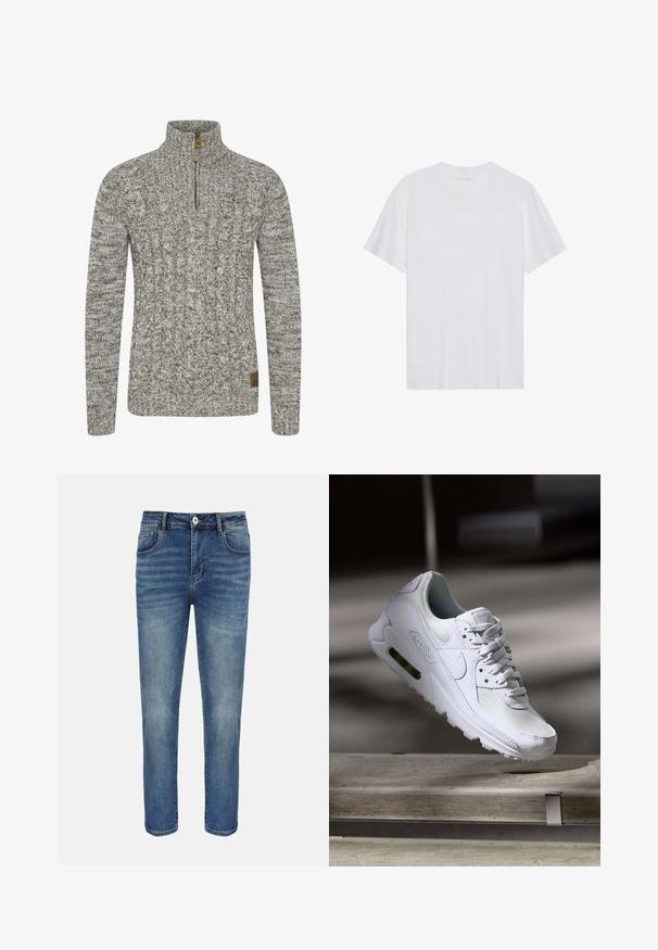 Sudadera de punto trenzado en un tono gris-verde apagado, con un cuello de medio cremallera y un patrón de tejido texturizado. Parche de logo marrón en el dobladillo.; Camiseta de algodón blanca con mangas cortas, cuello redondo y una textura suave. Presenta una marca mínima en el escote.; Jeans vaqueros azul de corte recto con botón y cremallera delanteros, trabillas para cinturón y bolsillos delante y detrás.; Zapatilla Nike Air Max 90 blanca con parte superior de malla y cuero, caja de puntera perforada y unidad de aire visible en el talón.