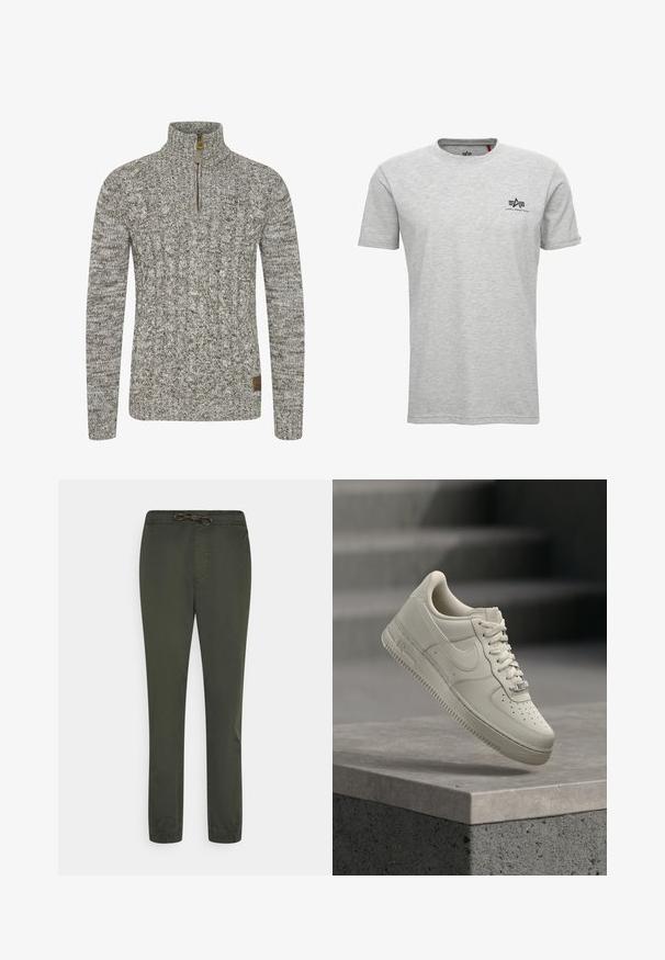 Sudadera de punto trenzado en un tono gris-verde apagado, con un cuello de medio cremallera y un patrón de tejido texturizado. Parche de logo marrón en el dobladillo.; Camiseta gris de manga corta en mezcla de algodón con cuello redondo; presenta un logotipo negro en el lado izquierdo del pecho y una etiqueta roja en el cuello.; Pantalones ligeros de color verde oliva, con cinturilla elástica, cordón de ajuste y piernas ajustadas. Presentan bolsillos laterales y una textura suave.; Una zapatilla beige con cordones flota sobre una superficie de hormigón gris, el logo de Nike es visible y el fondo de la escalera está desenfocado.